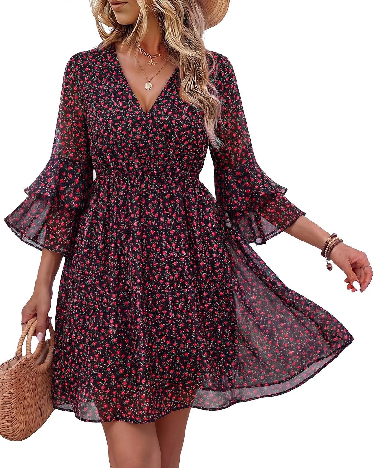 Bebonnie Womens 3\/4 Ruffle Sleeve Spring Summer Casual V Neck Flowy Chiffon Layers Dresses