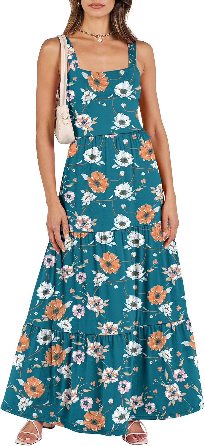 ANRABESS Women's Summer Flowy Maxi Dress Square Neck Sundress with Pockets | Casual Beach Travel Vacation Sleeveless Sun Dress, A-line Boho Tiered Tank Top Long Dresses