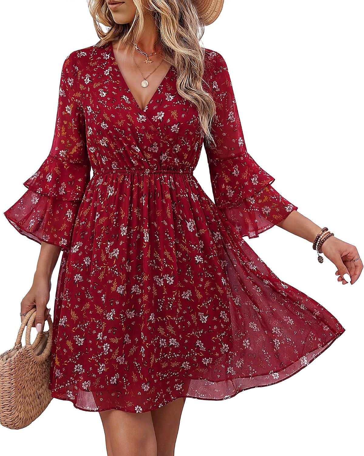 Bebonnie Womens 3\/4 Ruffle Sleeve Spring Summer Casual V Neck Flowy Chiffon Layers Dresses