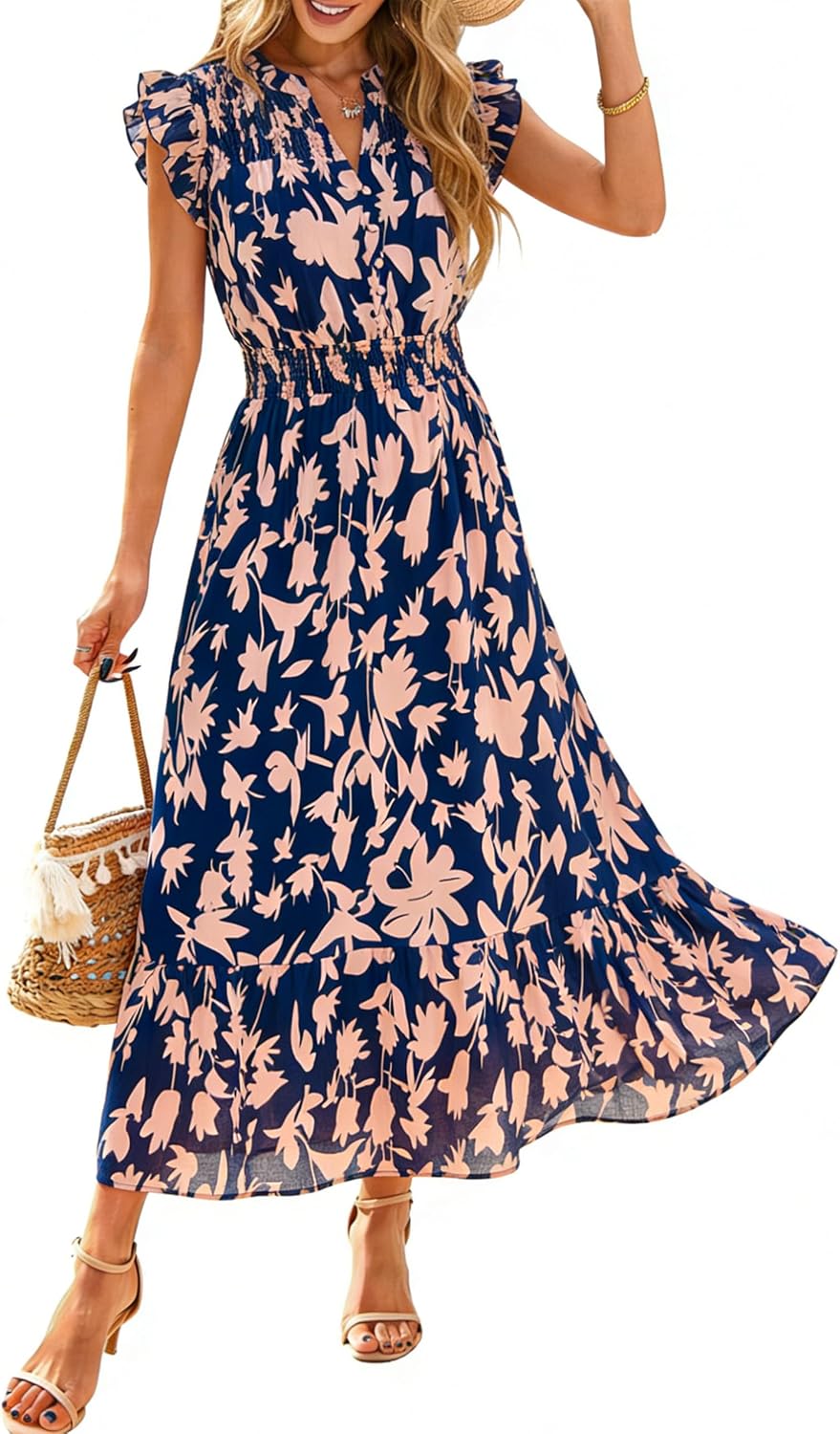 Simplee Womens Summer Floral Mixi Dress V Neck Ruffle Short Sleeve Flowy Dress Boho Casual Beach Long Dresses 2026