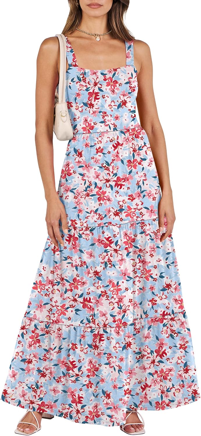 ANRABESS Women's Summer Flowy Maxi Dress Square Neck Sundress with Pockets | Casual Beach Travel Vacation Sleeveless Sun Dress, A-line Boho Tiered Tank Top Long Dresses