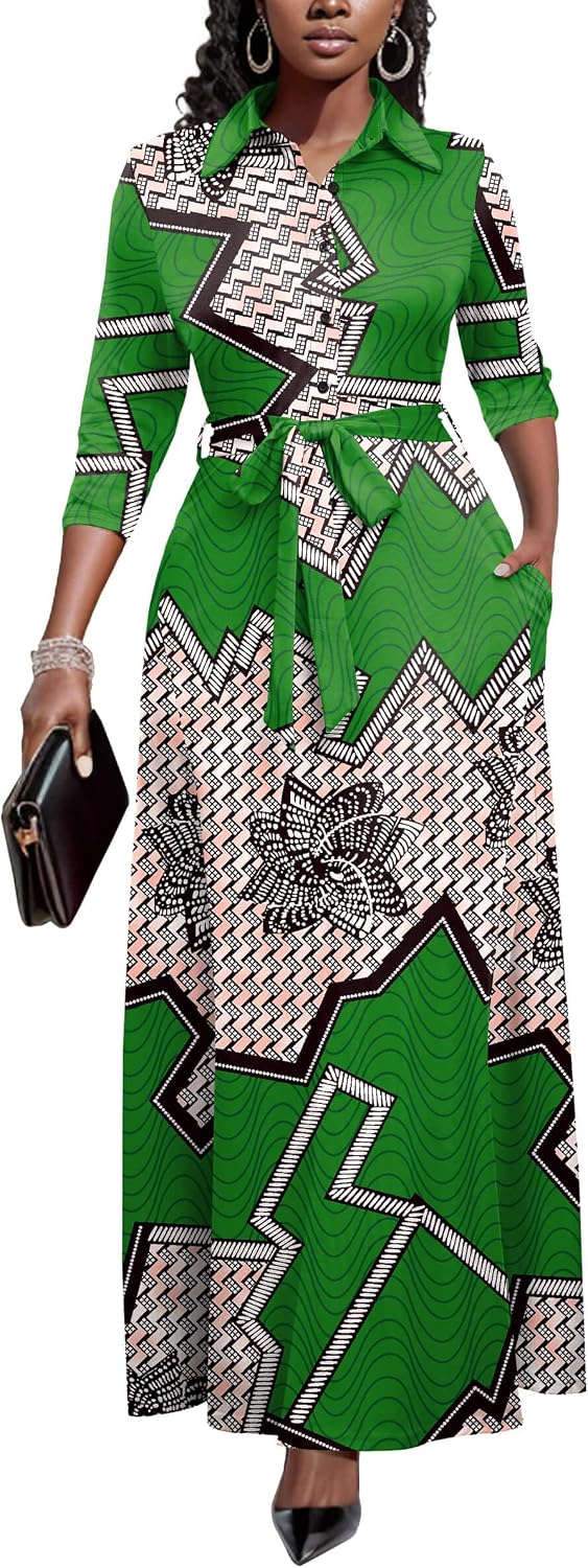 Runwind Womens Maxi Dress 3\/4 Sleeve Button Down Church Dress with Pockets | lapel neck tie waist long dress with belt\/ casual bussiness office dress\/ elegant for wedding guest, dinner party