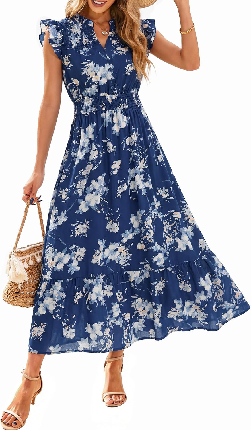 Simplee Womens Summer Floral Mixi Dress V Neck Ruffle Short Sleeve Flowy Dress Boho Casual Beach Long Dresses 2026