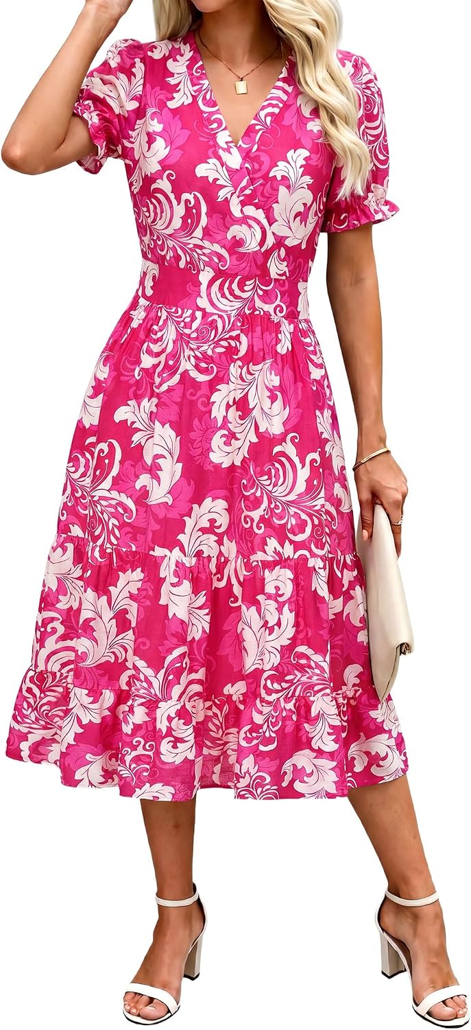 OLICE Summer Dresses Midi Dress V Neck Puffy Short Sleeve Flowy Casual Vacation Beach Sundresses 2026 with Pockets