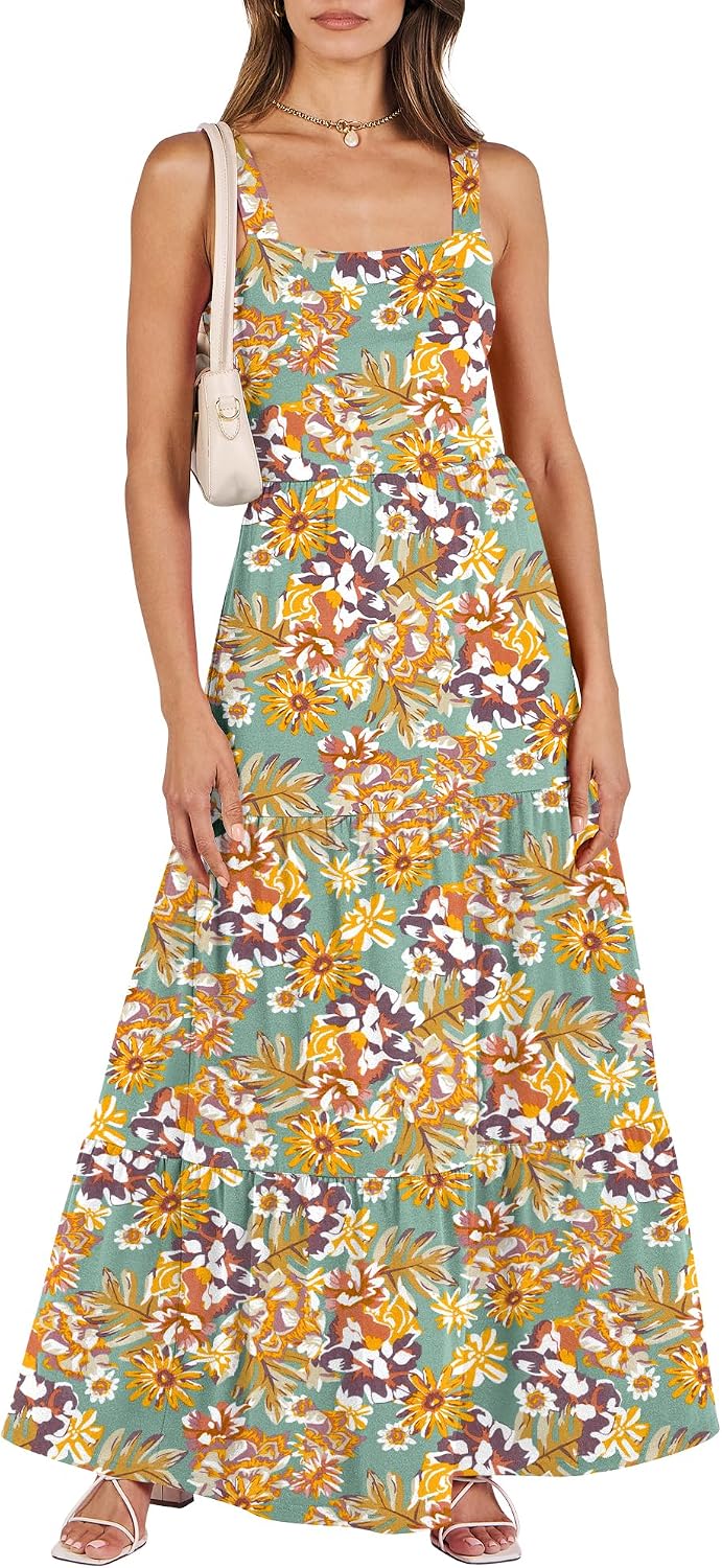 ANRABESS Women's Summer Flowy Maxi Dress Square Neck Sundress with Pockets | Casual Beach Travel Vacation Sleeveless Sun Dress, A-line Boho Tiered Tank Top Long Dresses