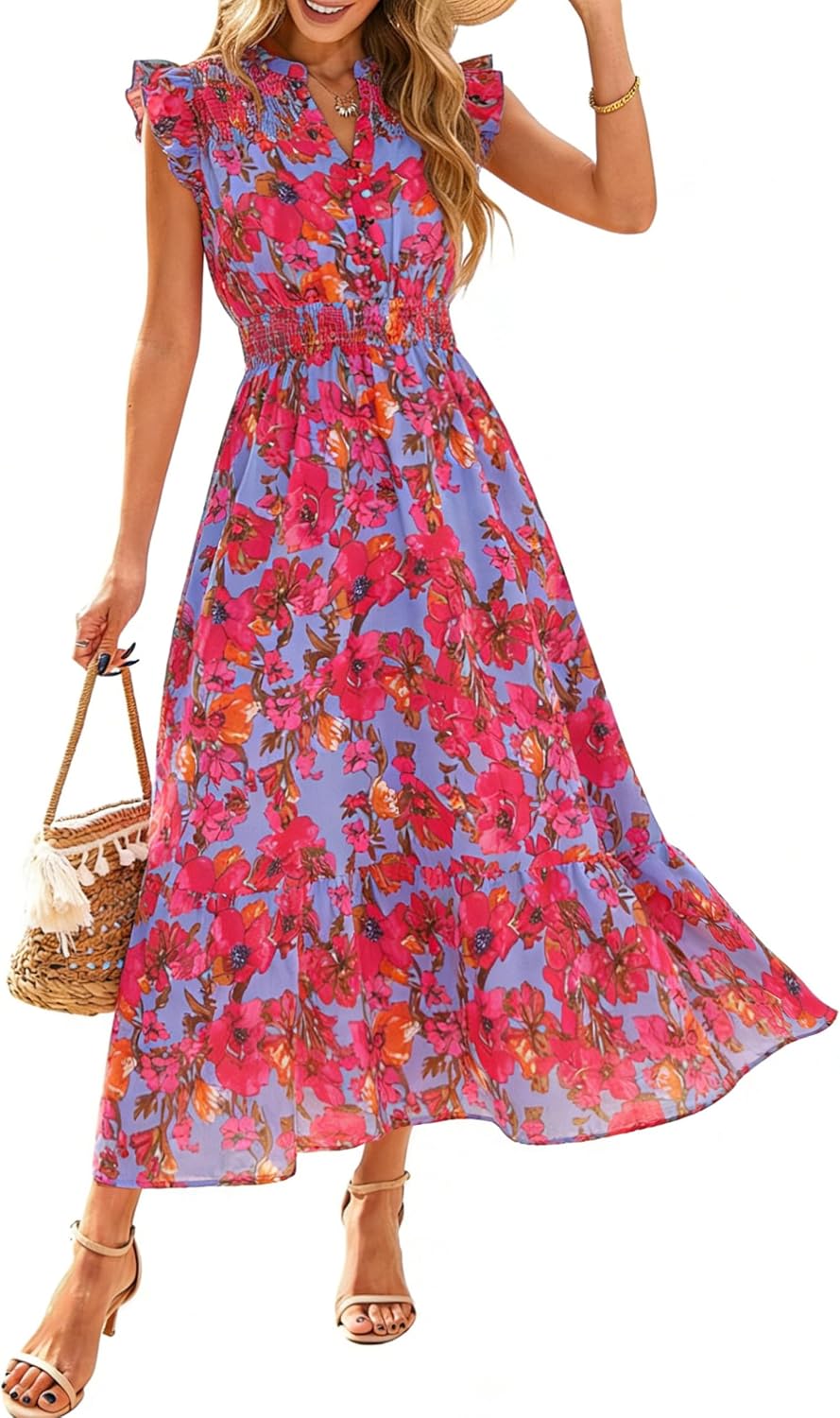 Simplee Womens Summer Floral Mixi Dress V Neck Ruffle Short Sleeve Flowy Dress Boho Casual Beach Long Dresses 2026