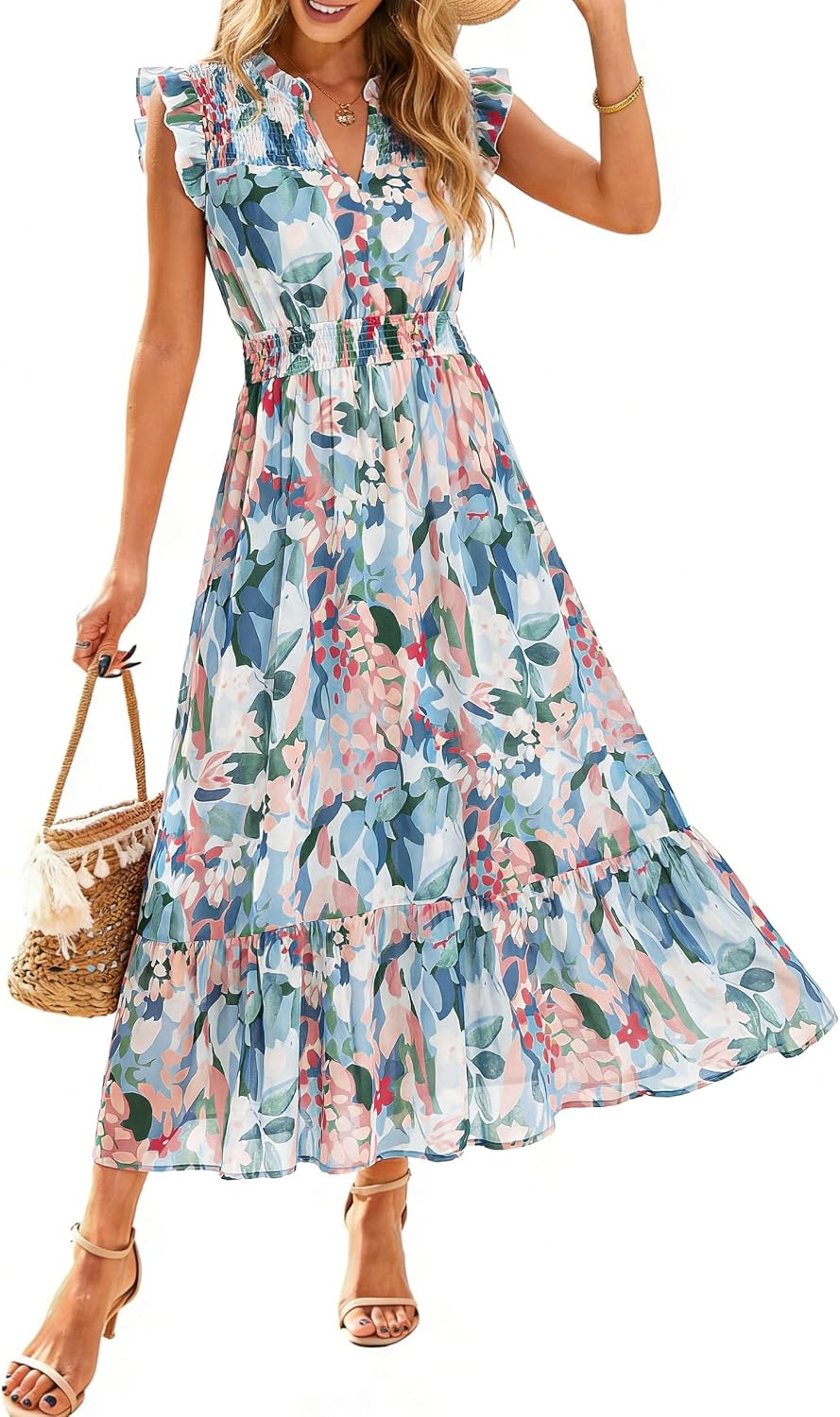 Simplee Womens Summer Floral Mixi Dress V Neck Ruffle Short Sleeve Flowy Dress Boho Casual Beach Long Dresses 2026