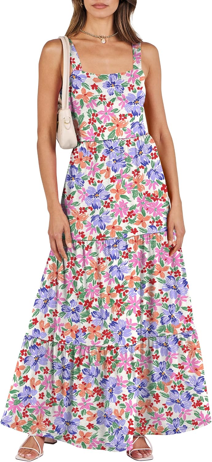 ANRABESS Women's Summer Flowy Maxi Dress Square Neck Sundress with Pockets | Casual Beach Travel Vacation Sleeveless Sun Dress, A-line Boho Tiered Tank Top Long Dresses