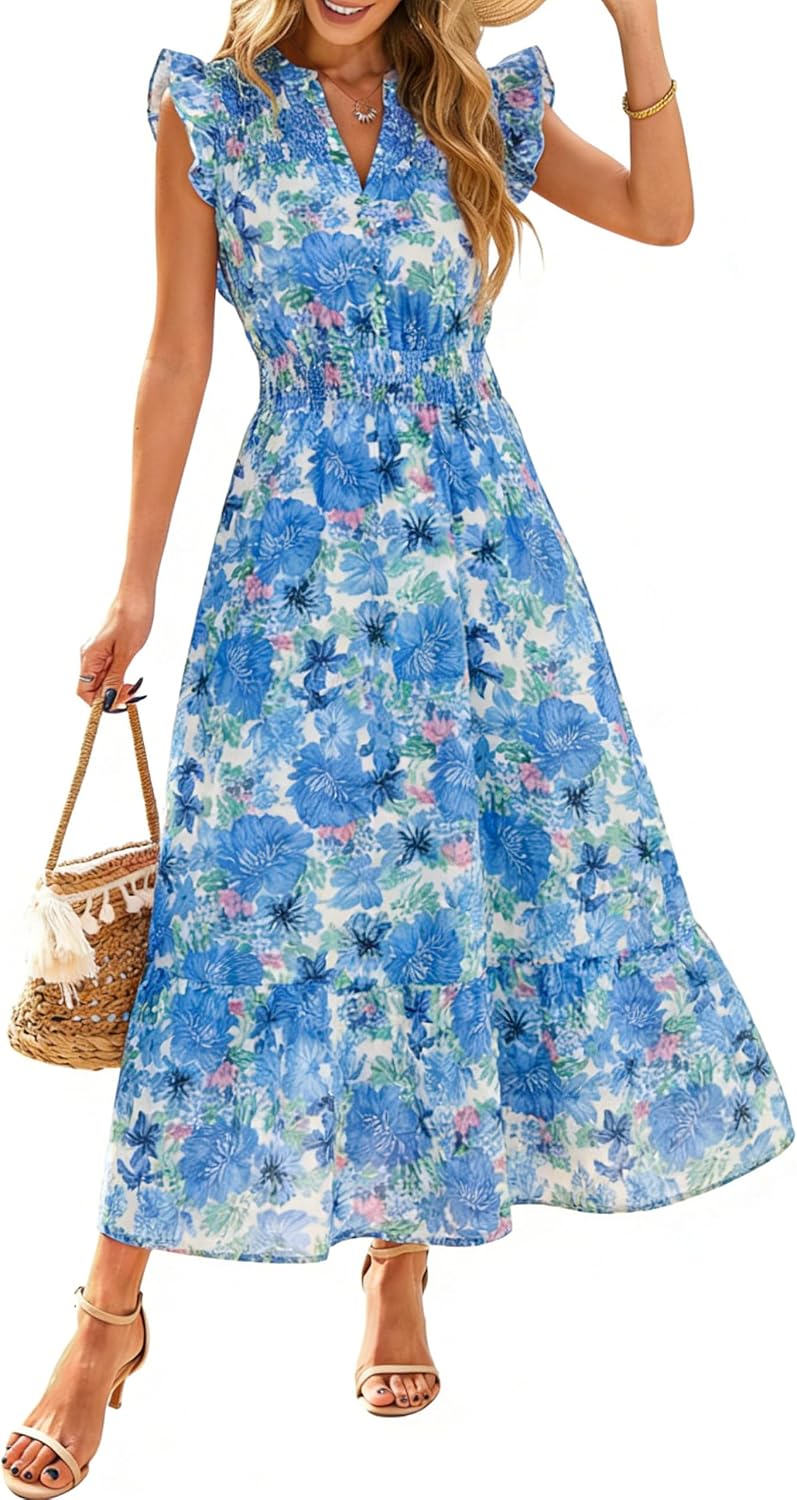 Simplee Womens Summer Floral Mixi Dress V Neck Ruffle Short Sleeve Flowy Dress Boho Casual Beach Long Dresses 2026