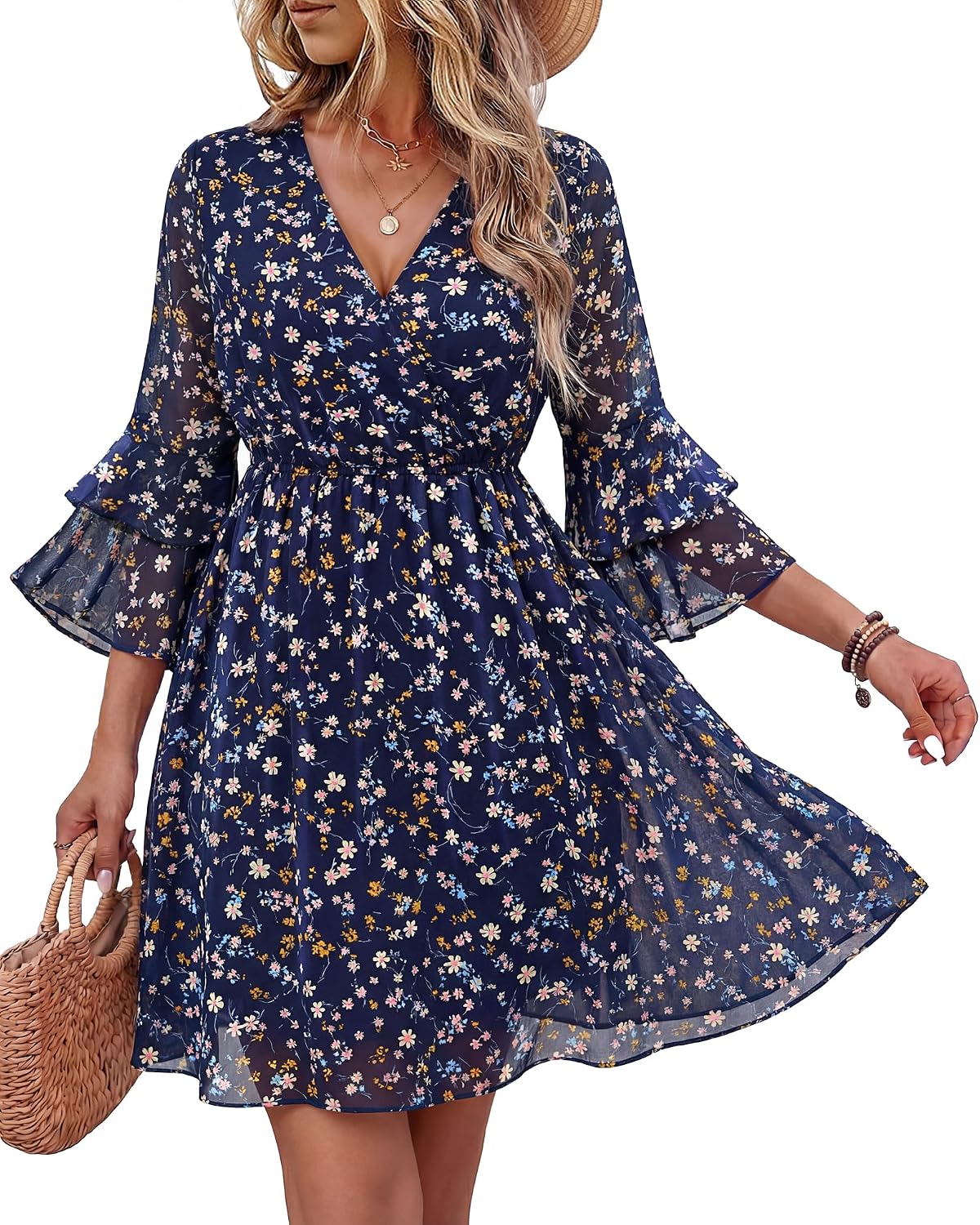 Bebonnie Womens 3\/4 Ruffle Sleeve Spring Summer Casual V Neck Flowy Chiffon Layers Dresses