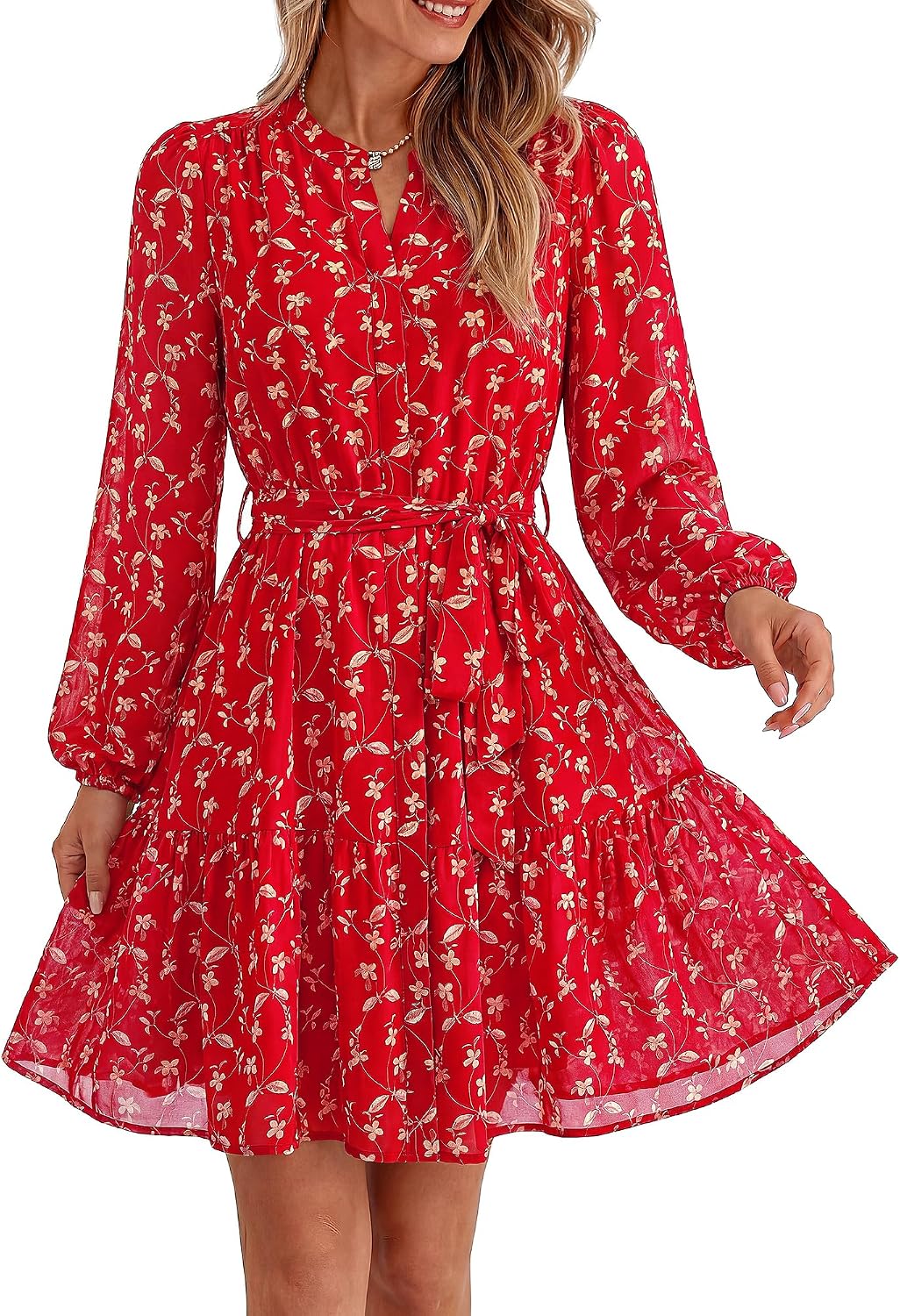 BTFBM Womens Dresses Fall Chiffon Floral V Neck Long Sleeve Mini Dress | Hidden Button Down, Flowy A Line Boho Casual Dress, Fashion Clothing 2026, Cocktail Party Holiday Wedding Guest Dresses