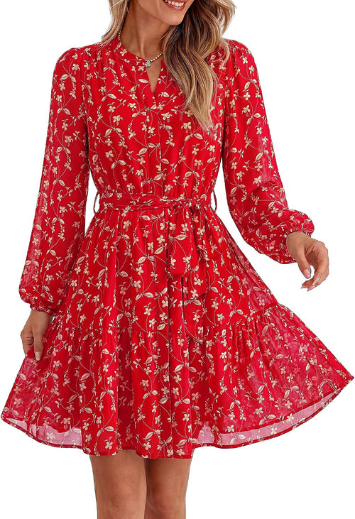 BTFBM Womens Dresses Fall Chiffon Floral V Neck Long Sleeve Mini Dress | Hidden Button Down, Flowy A Line Boho Casual Dress, Fashion Clothing 2026, Cocktail Party Holiday Wedding Guest Dresses