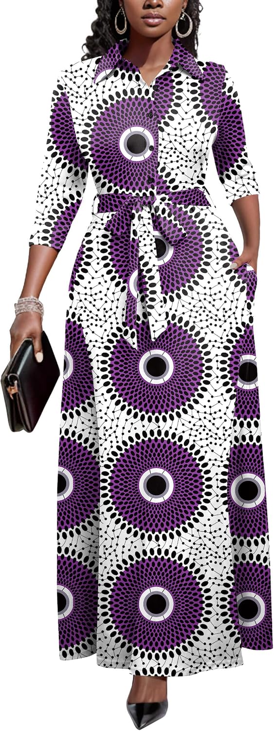 Runwind Womens Maxi Dress 3\/4 Sleeve Button Down Church Dress with Pockets | lapel neck tie waist long dress with belt\/ casual bussiness office dress\/ elegant for wedding guest, dinner party