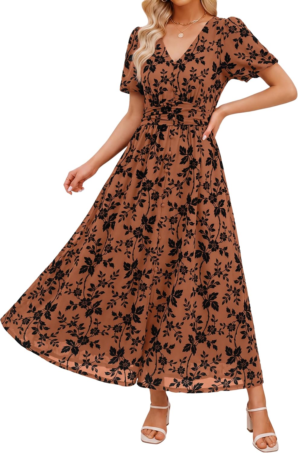 Simplee Womens Floral Wedding Guest Mesh Maxi Dress Formal Cocktail Dresses | Boho Flowy, Semi Formal, Evening Dinner, Empire Waist, Short Sleeve, Long Elegant Western, Fall Winter Holiday