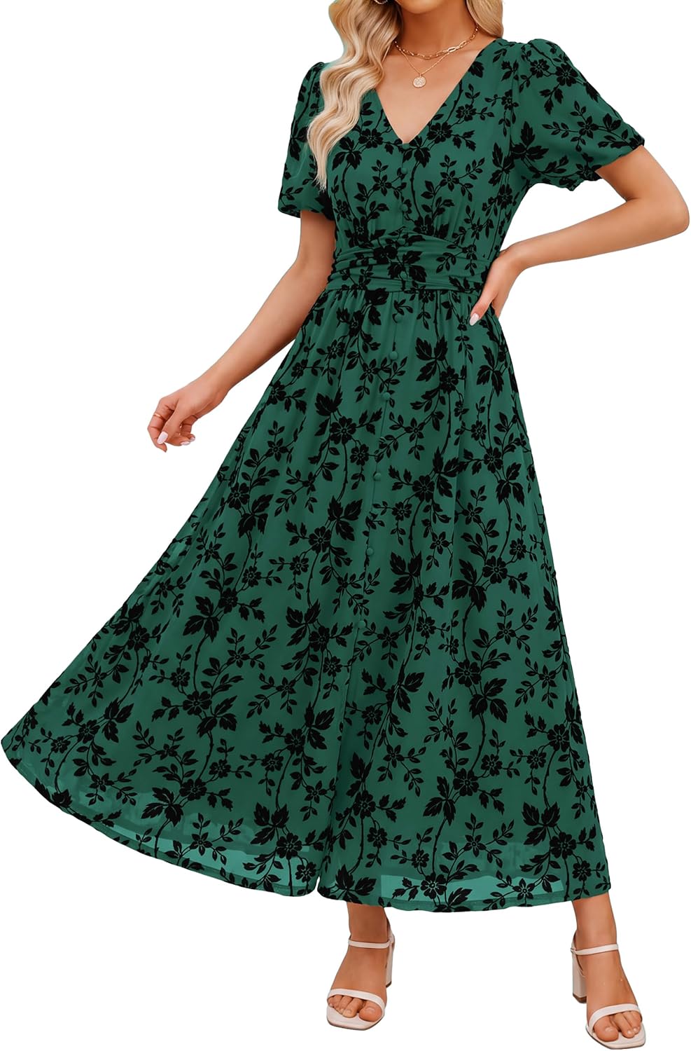 Simplee Womens Floral Wedding Guest Mesh Maxi Dress Formal Cocktail Dresses | Boho Flowy, Semi Formal, Evening Dinner, Empire Waist, Short Sleeve, Long Elegant Western, Fall Winter Holiday