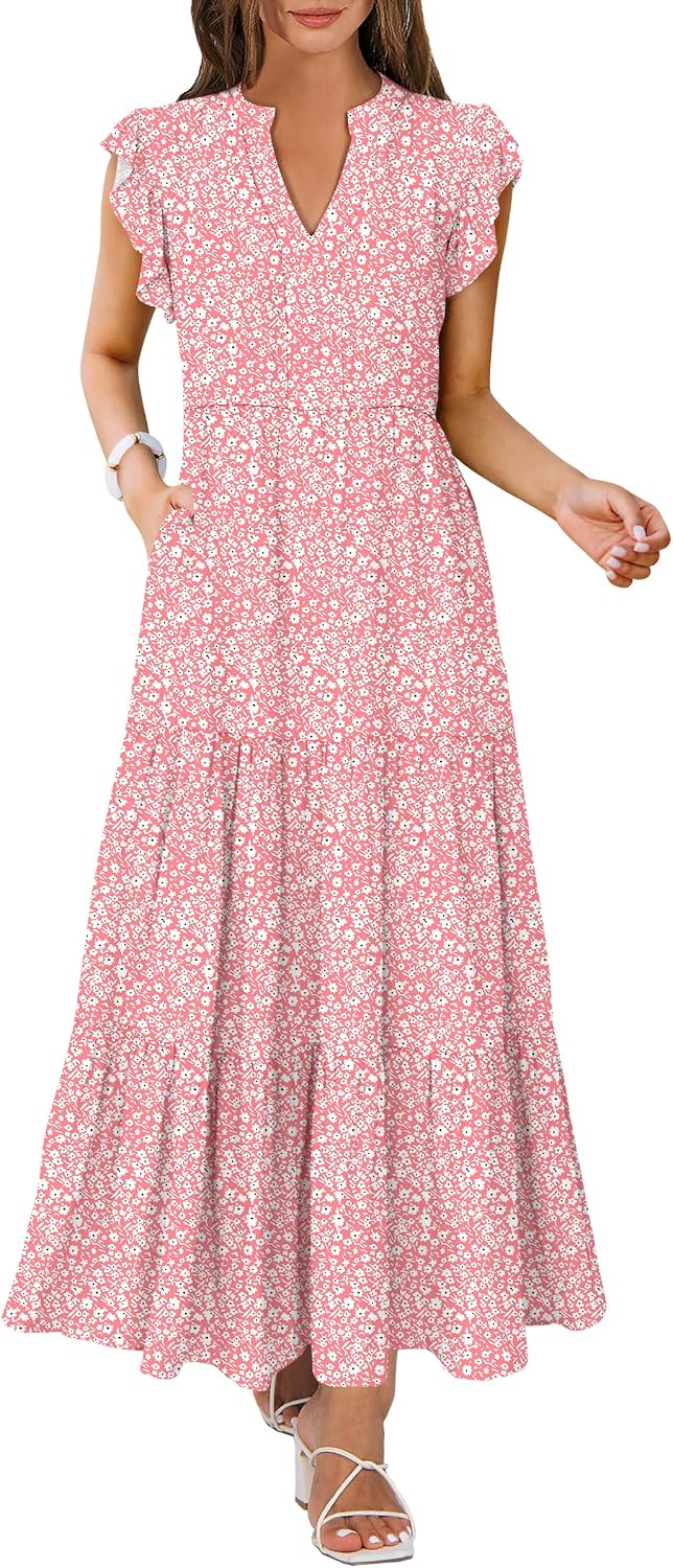 ANRABESS Womens Summer Dress Ruffle Sleeve V Neck Vacation Maxi Dresses | Flowy Tiered Boho Beach Sundress, Casual Fit Long Dress with Pockets, Soft Fashion Work Outfits 2026
