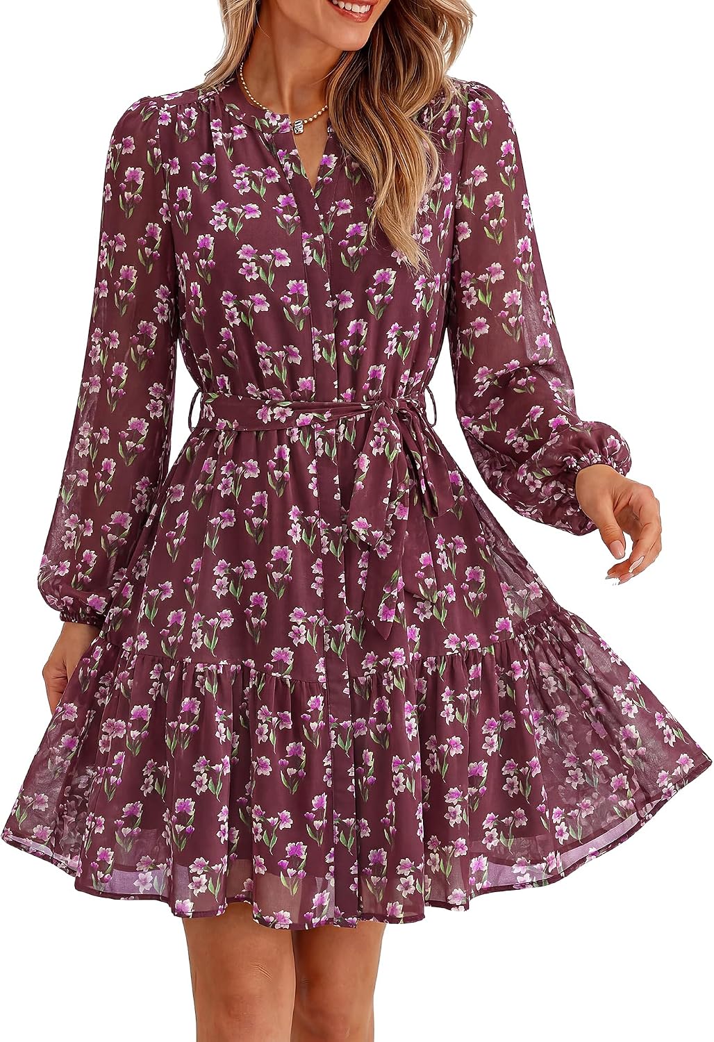 BTFBM Womens Dresses Fall Chiffon Floral V Neck Long Sleeve Mini Dress | Hidden Button Down, Flowy A Line Boho Casual Dress, Fashion Clothing 2026, Cocktail Party Holiday Wedding Guest Dresses