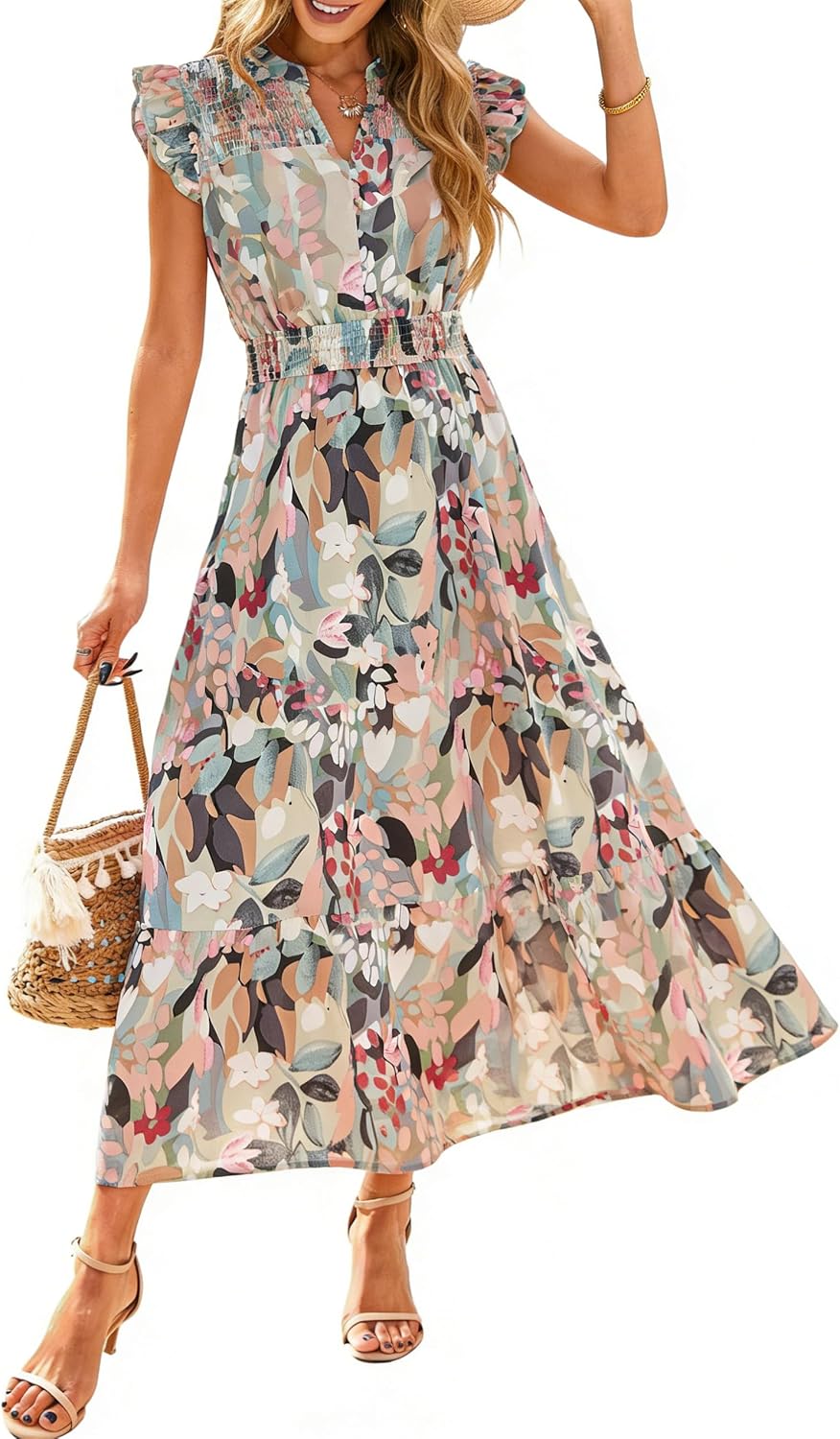 Simplee Womens Summer Floral Mixi Dress V Neck Ruffle Short Sleeve Flowy Dress Boho Casual Beach Long Dresses 2026