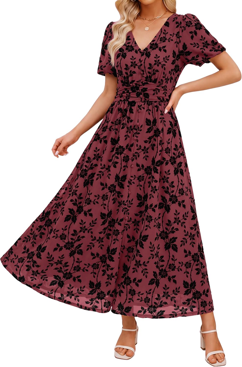 Simplee Womens Floral Wedding Guest Mesh Maxi Dress Formal Cocktail Dresses | Boho Flowy, Semi Formal, Evening Dinner, Empire Waist, Short Sleeve, Long Elegant Western, Fall Winter Holiday
