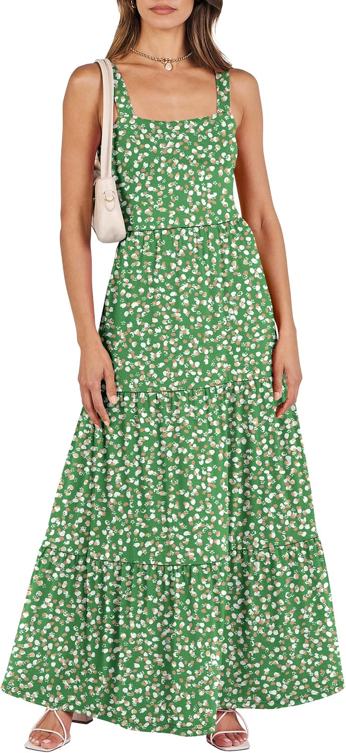 ANRABESS Women's Summer Flowy Maxi Dress Square Neck Sundress with Pockets | Casual Beach Travel Vacation Sleeveless Sun Dress, A-line Boho Tiered Tank Top Long Dresses