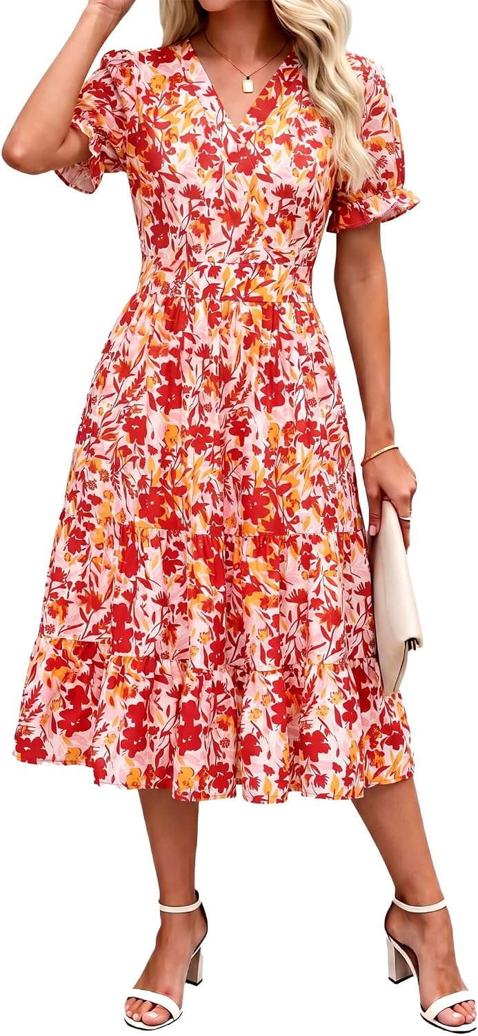 OLICE Summer Dresses Midi Dress V Neck Puffy Short Sleeve Flowy Casual Vacation Beach Sundresses 2026 with Pockets