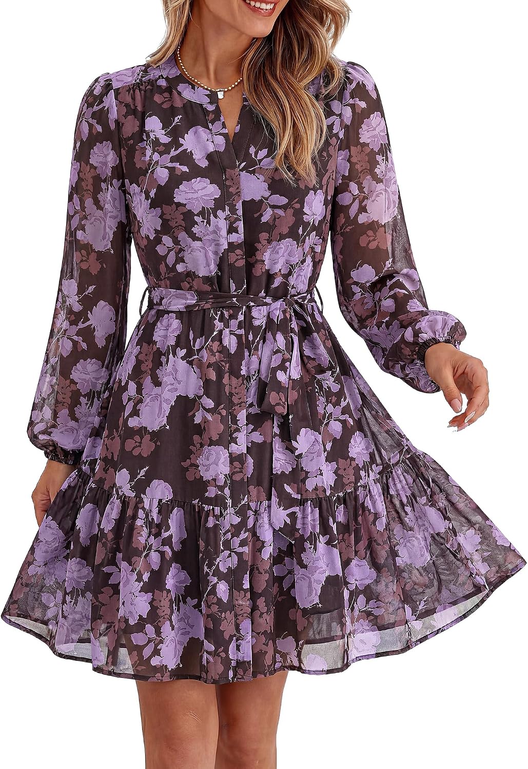 BTFBM Womens Dresses Fall Chiffon Floral V Neck Long Sleeve Mini Dress | Hidden Button Down, Flowy A Line Boho Casual Dress, Fashion Clothing 2026, Cocktail Party Holiday Wedding Guest Dresses