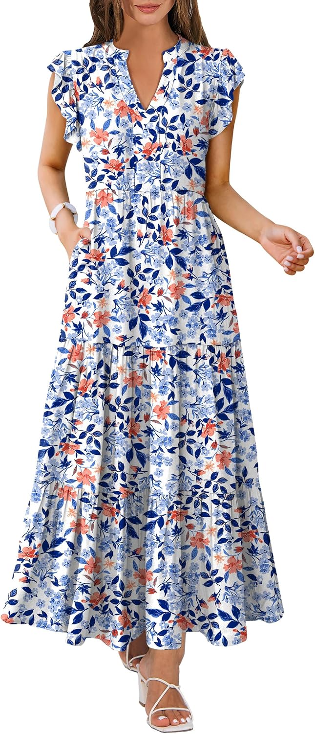 ANRABESS Womens Summer Dress Ruffle Sleeve V Neck Vacation Maxi Dresses | Flowy Tiered Boho Beach Sundress, Casual Fit Long Dress with Pockets, Soft Fashion Work Outfits 2026