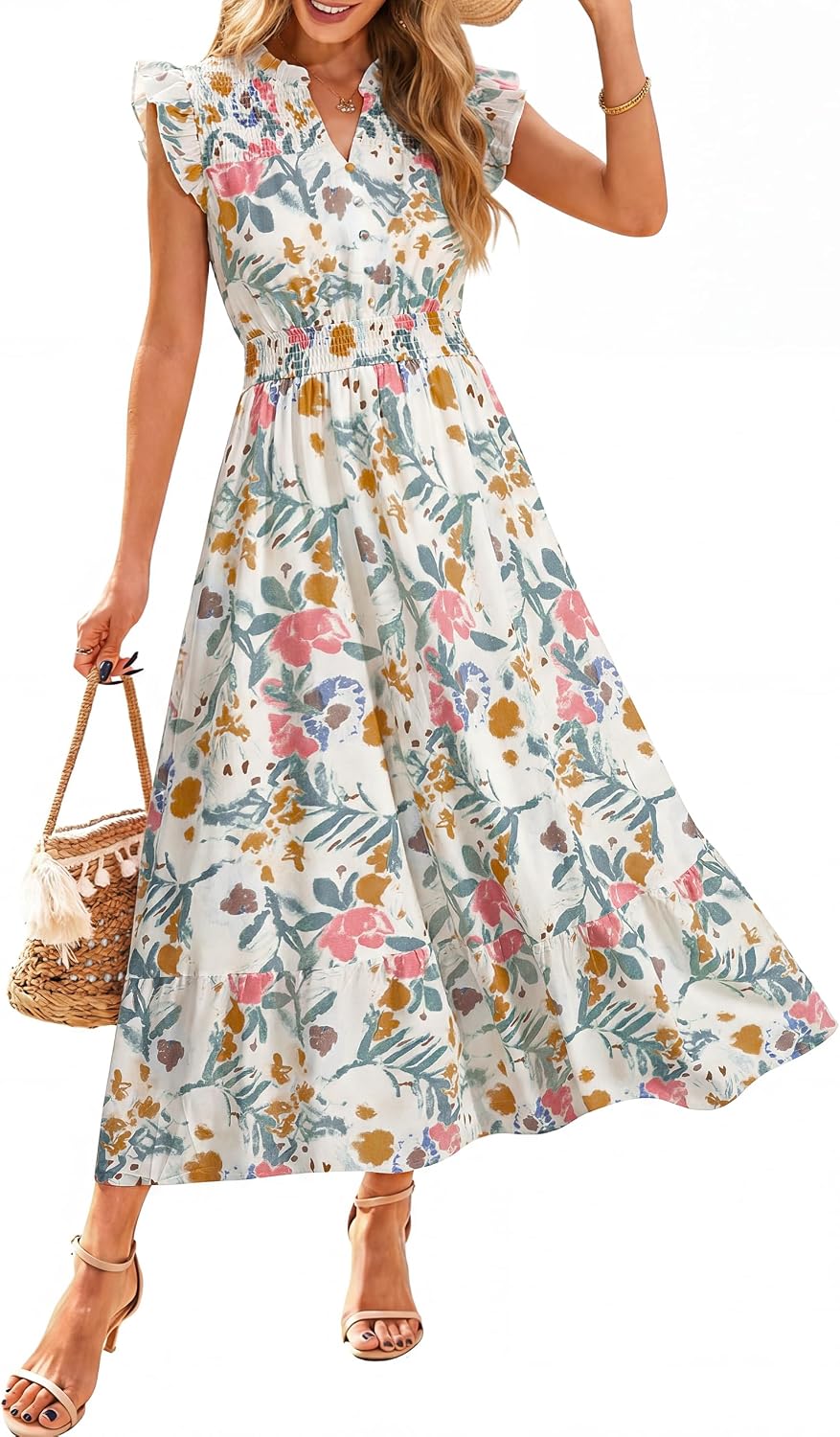 Simplee Womens Summer Floral Mixi Dress V Neck Ruffle Short Sleeve Flowy Dress Boho Casual Beach Long Dresses 2026