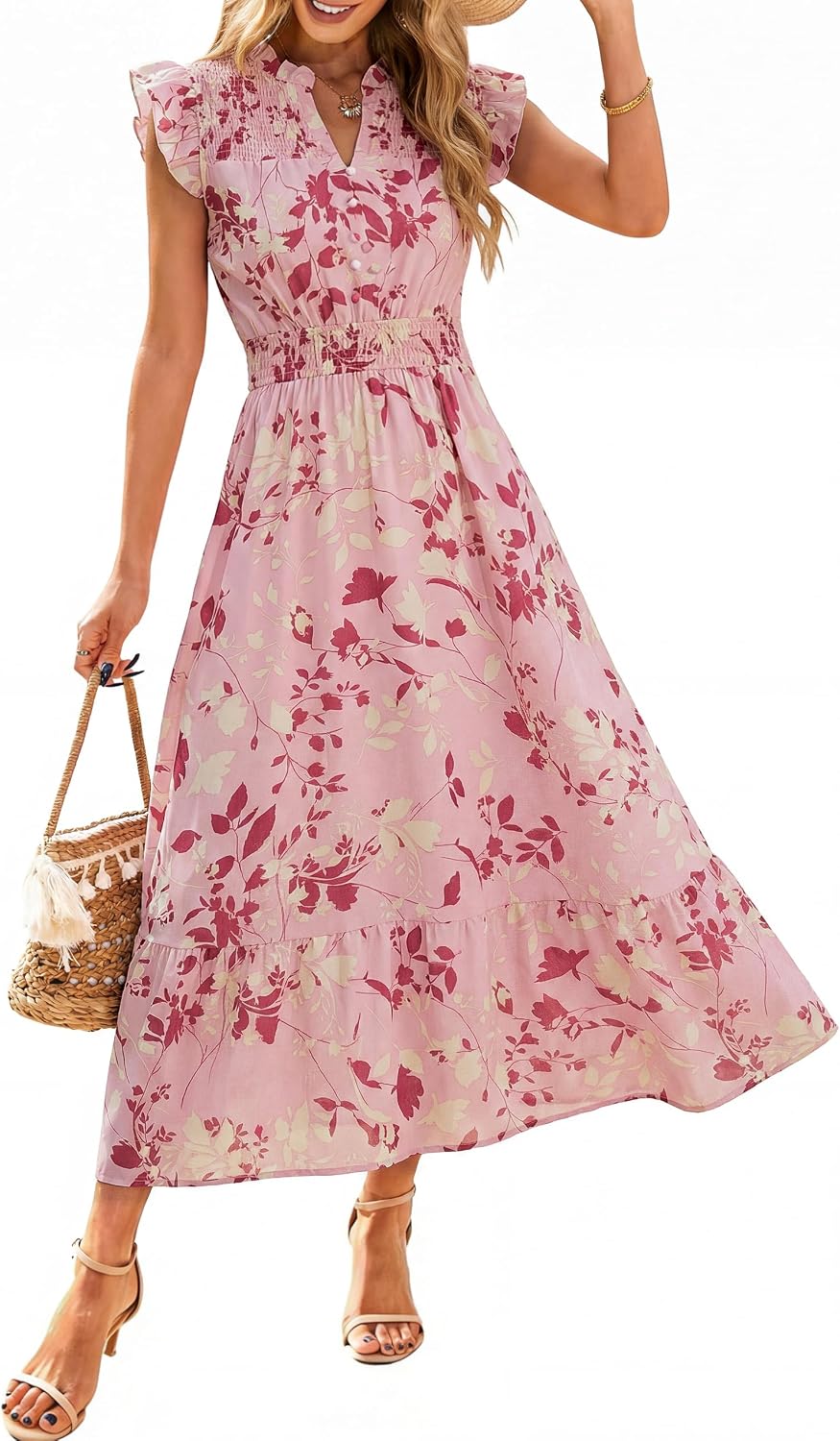 Simplee Womens Summer Floral Mixi Dress V Neck Ruffle Short Sleeve Flowy Dress Boho Casual Beach Long Dresses 2026