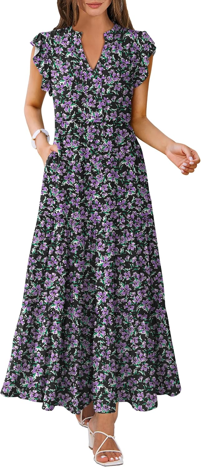ANRABESS Womens Summer Dress Ruffle Sleeve V Neck Vacation Maxi Dresses | Flowy Tiered Boho Beach Sundress, Casual Fit Long Dress with Pockets, Soft Fashion Work Outfits 2026