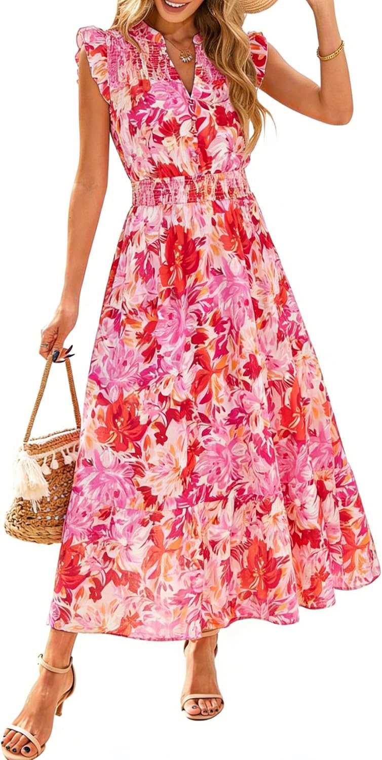 Simplee Womens Summer Floral Mixi Dress V Neck Ruffle Short Sleeve Flowy Dress Boho Casual Beach Long Dresses 2026