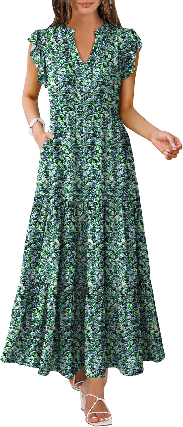ANRABESS Womens Summer Dress Ruffle Sleeve V Neck Vacation Maxi Dresses | Flowy Tiered Boho Beach Sundress, Casual Fit Long Dress with Pockets, Soft Fashion Work Outfits 2026