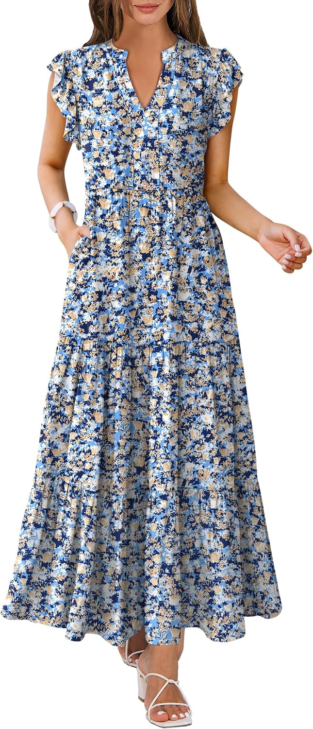 ANRABESS Womens Summer Dress Ruffle Sleeve V Neck Vacation Maxi Dresses | Flowy Tiered Boho Beach Sundress, Casual Fit Long Dress with Pockets, Soft Fashion Work Outfits 2026