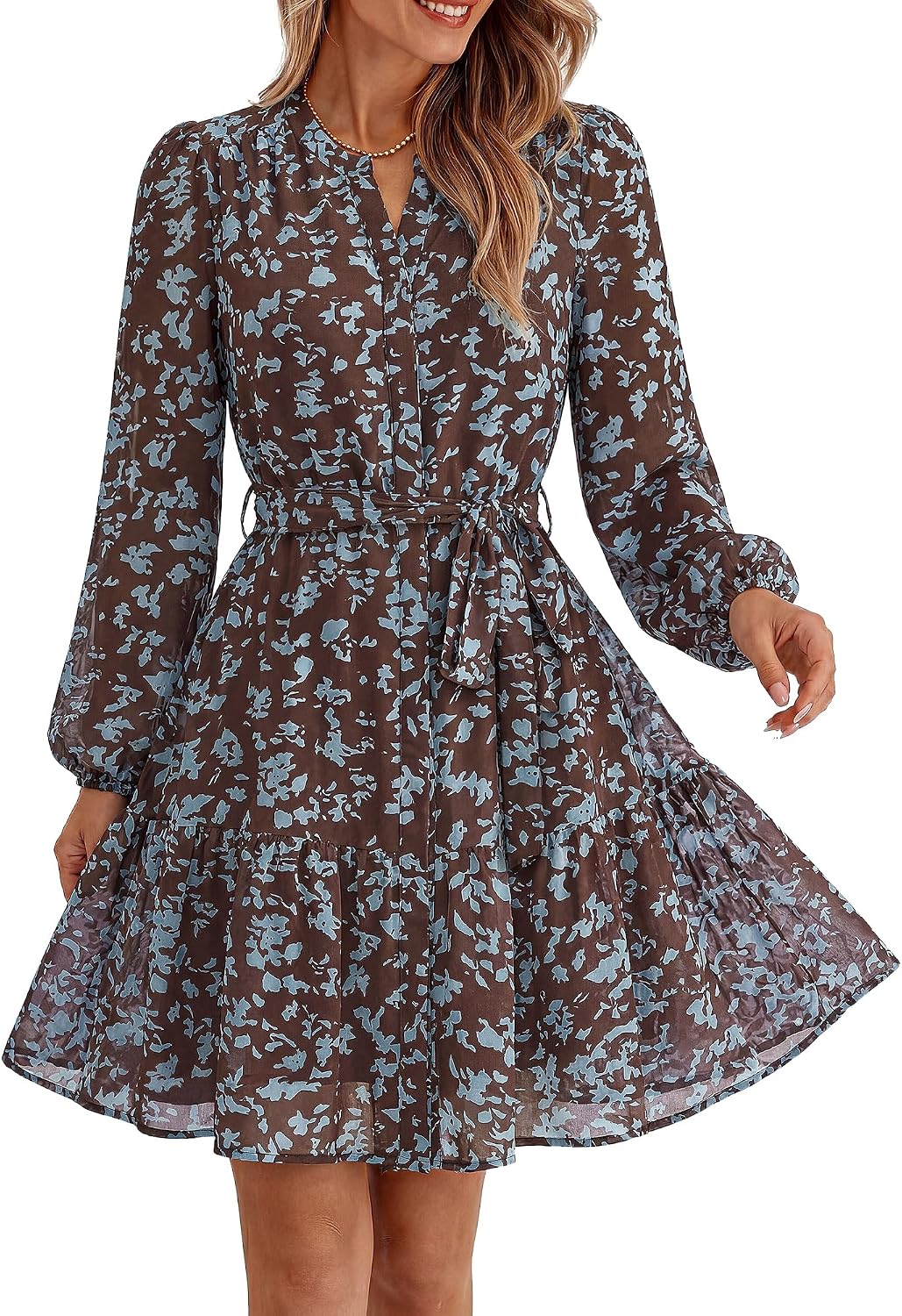 BTFBM Womens Dresses Fall Chiffon Floral V Neck Long Sleeve Mini Dress | Hidden Button Down, Flowy A Line Boho Casual Dress, Fashion Clothing 2026, Cocktail Party Holiday Wedding Guest Dresses