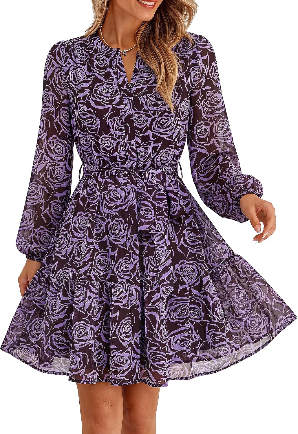 BTFBM Womens Dresses Fall Chiffon Floral V Neck Long Sleeve Mini Dress | Hidden Button Down, Flowy A Line Boho Casual Dress, Fashion Clothing 2026, Cocktail Party Holiday Wedding Guest Dresses